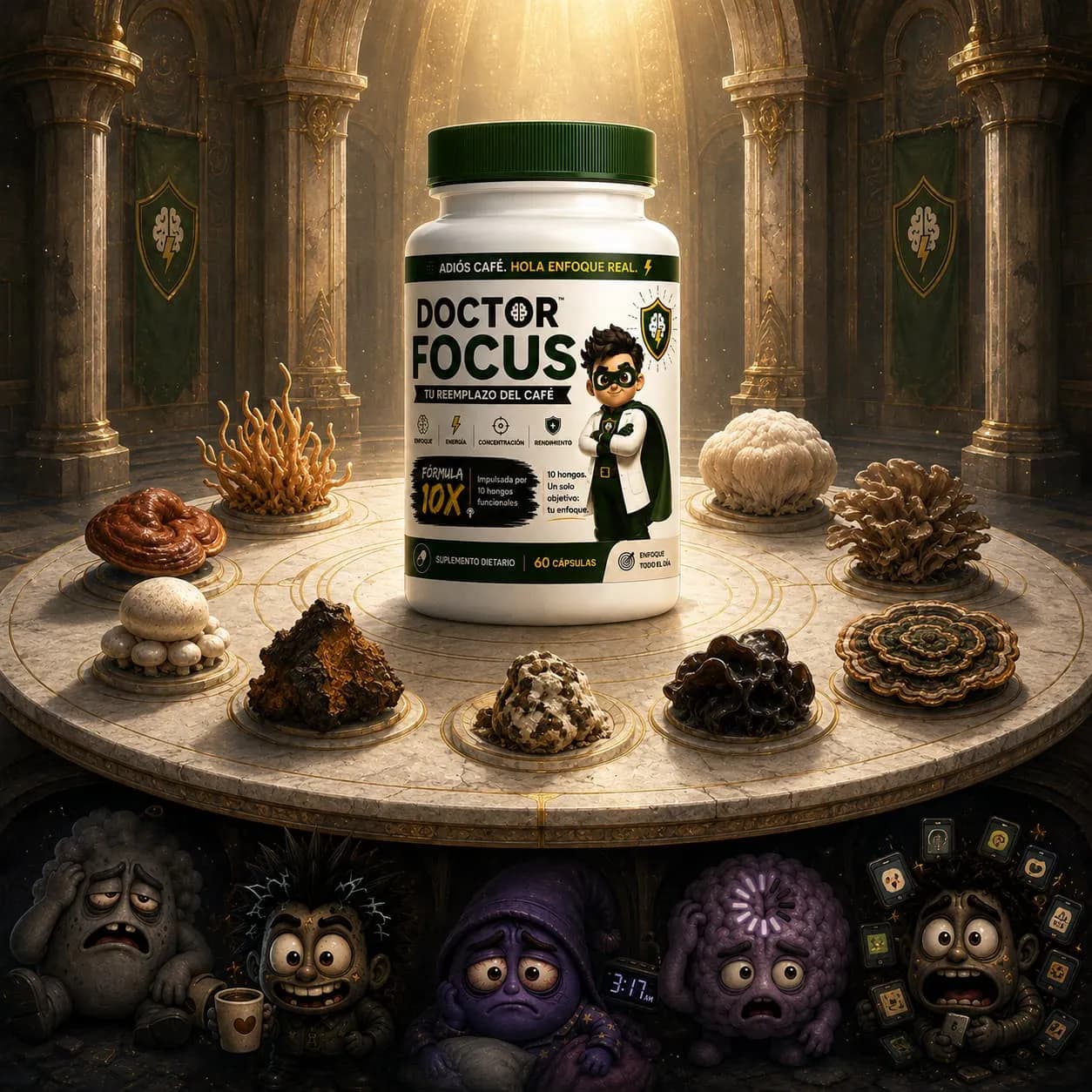 Los 10 hongos funcionales de Doctor Focus reunidos alrededor del frasco, frente a los cinco villanos